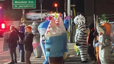 A group of protesters stand on a corner, some in inflatable animal costumes