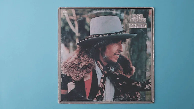 Minsk, Belarus - July 5, 2023 Old vinyl record with album cover: "Bob Dylan - Desire", 1975.