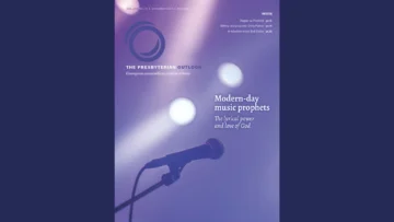 November 2025 cover of presbyterian outlook -- a microphone stand on an empty stage