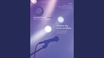 November 2025 cover of presbyterian outlook -- a microphone stand on an empty stage