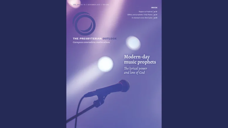 November 2025 cover of presbyterian outlook -- a microphone stand on an empty stage