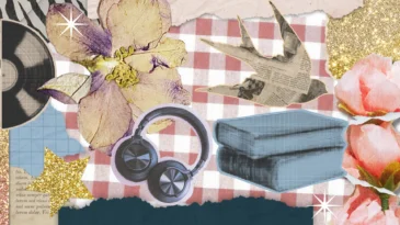a collage with flowers, birds, music, and books