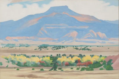 A Georgia O'Keeffe painting of a desert mountain. The landscape painted matches the photos of landscape surrounding Ghost Ranch.