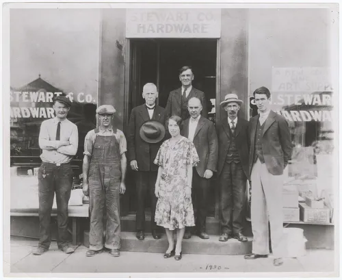 The Stewart family stands in front of the J.M. Stewart and Company Hardware Store at 800 Philadelphia Street, Indiana, PA. A young James is seen standing at the far right. Image source: Indiana Gazette.