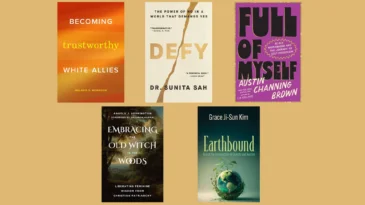 Book covers for Becoming Trustworthy White Allies, Defy, Full of Myself, Embracing the Old Witch in the Woods and Earthbound