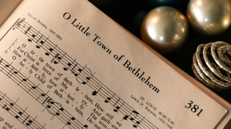 A hymnal opened to "O Little Town of Bethlehem."