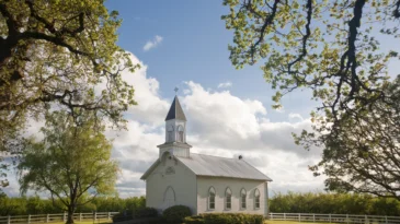 Old clapboard white rural church in Willamette Valley, Oregon, Oak Grove