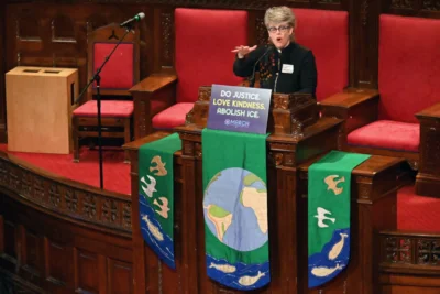 The Rev. Rebecca Voelkel speaks to clergy at Westminster Presbyterian Church,
