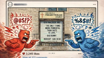 A church sign reads, "The only thing more powerful than hate is love." On the right and left sides of the image, Rock 'Em Sock 'Em style robots face each other, yelling.