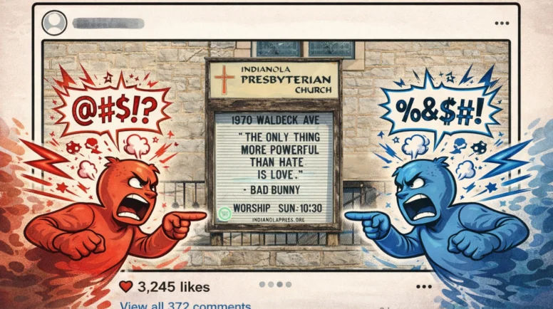 A church sign reads, "The only thing more powerful than hate is love." On the right and left sides of the image, Rock 'Em Sock 'Em style robots face each other, yelling.