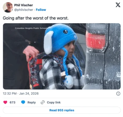 Phil Vischer tweets, "Going after the worst of the worst" along with the picture of 5-year-old Liam Conejo Ramos, which shows the boy in a blue knit hat with white bunny ears and pompoms, standing with a blank look and an ICE officer holding his backpack.