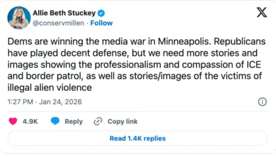 Allie Beth Stuckey tweets, "Dems are winning the media war in Minneapolis. Republicans have played decent defense, but we need more stories and images showing the professionalism and compassion of ICE and border patrol, as well as stories/images of the victims of illegal alien violence"