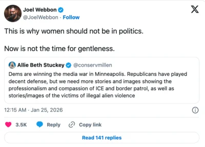 Joel Webbon retweets Allie Beth Stuckey with the comment "If we lose heart every time a feral Communist commits suicide by cop, our country isn’t gonna make it." Allie's original tweet reads, "Dems are winning the media war in Minneapolis. Republicans have played decent defense, but we need more stories and images showing the professionalism and compassion of ICE and border patrol, as well as stories/images of the victims of illegal alien violence"