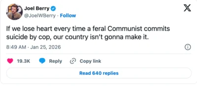 Tweet from Joel Berry: "If we lose heart every time a feral Communist commits suicide by cop, our country isn’t gonna make it."