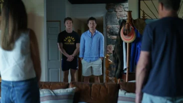 A still from HBO's Heated Rivalry, where one of the characters is about to come out to his parents.