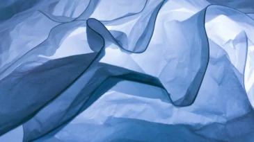 A blue sheet blowing in the wind. Light from the sun is peeking through.