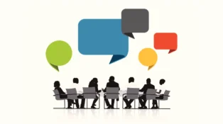 In this illustration, a group of people sit at a table and have speech bubbles over their heads.