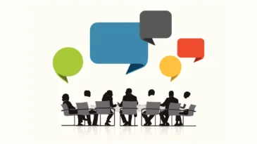 In this illustration, a group of people sit at a table and have speech bubbles over their heads.