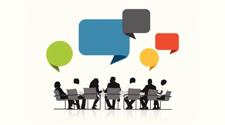 In this illustration, a group of people sit at a table and have speech bubbles over their heads.
