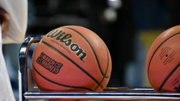 A Wilson basketball with the March Madness logo