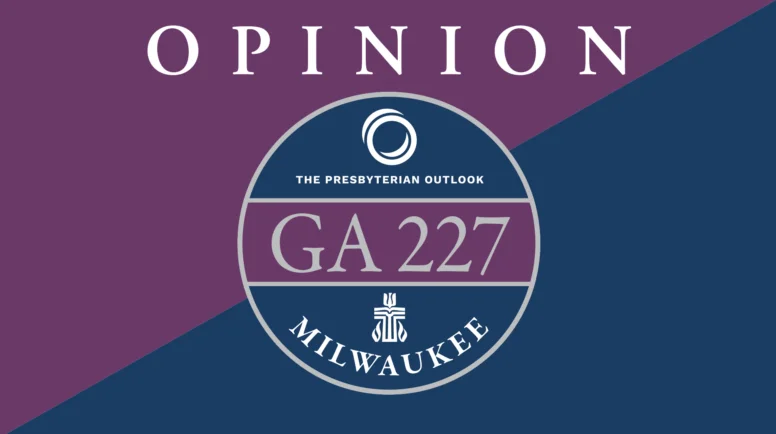 Presbyterian Outlook GA227 logo with the word "opinion" written over it
