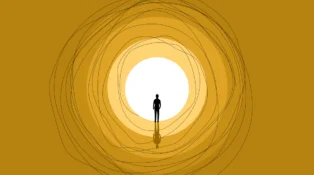 An illustration of a man seeing light at the end of a tunnel