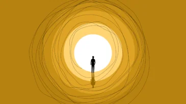 An illustration of a man seeing light at the end of a tunnel