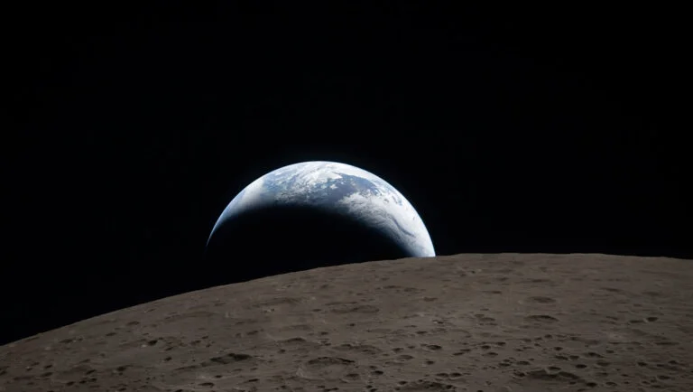 The moon in the foreground, the earth in the background