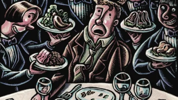 man at wine tasting dinner has waiters offering numerous dishes but he already looks full and a bit sick