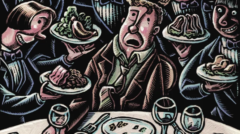 man at wine tasting dinner has waiters offering numerous dishes but he already looks full and a bit sick