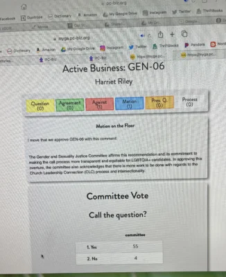 Screenshot of the PC-Biz voting system showing active business item GEN-06 before the General Assembly’s Gender and Sexuality Justice Committee. A motion on the floor proposes approving the overture with a comment affirming efforts to make the Church Leadership Connection process more transparent and equitable for LGBTQIA+ candidates while acknowledging more work is needed regarding intersectionality. At the bottom, a committee vote to “call the question” passes 55–4.
