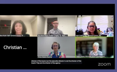 A Zoom screen with six boxes featuring members from the General Assembly Relationships Committee.