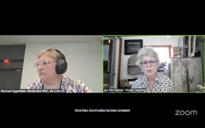 Reformed Identity Around the World Moderator Rachael Eggebeen and attendee Jan Orr-Harter. Two screens on Zoom.