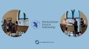 The logo for the Presbyterian Peace Fellowship along with two photos from the event