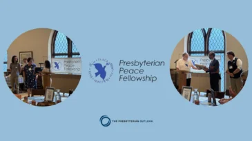 The logo for the Presbyterian Peace Fellowship along with two photos from the event