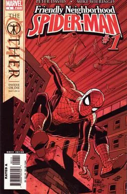 Cover of "Friendly Neighborhood Spider-Man." Red cover. Spider-Man flying through the air. 