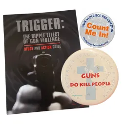 Cover of "Trigger" study and action guide by Carol Wehrheim; two buttons created by the Presbyterian Peace Fellowship for General Assembly meetings. 