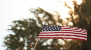 An American flag waves against a blurred background of trees
