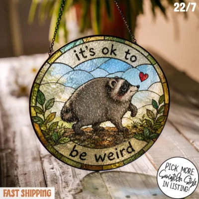 A sun catcher with Jimothy, a raccoon with short spine syndrome, and the words "It's ok to be weird."