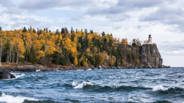 A light house on a cliff in the background. In the foreground, water and trees.
