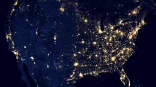 Photo map of the USA with light