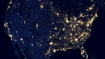 Photo map of the USA with light