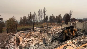 The remnants of a burnt house.