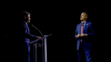 James Talarico and Ken Paxton, Democratic and Republican nominees for U.S. Senate, at their respective state conventions in June.