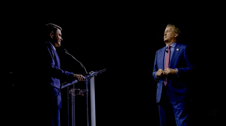 James Talarico and Ken Paxton, Democratic and Republican nominees for U.S. Senate, at their respective state conventions in June.