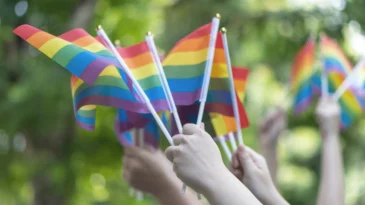 Various hands of people holding small pride flags.