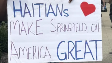A sign that reads, "Hatians make Springfield, Ohio, America Great."