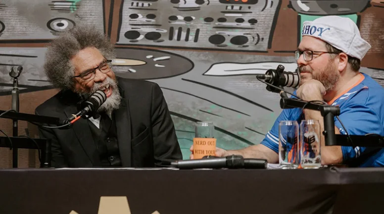 Cornel West and Tripp Fuller record a podcast at the 2026 Theology Beer Camp.