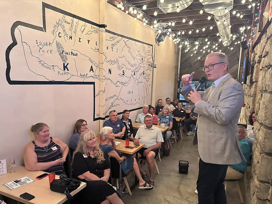 Democratic Senate candidate the Rev. Adam Hamilton speaks to Kansans during a campaign event at Transport Brewery, Monday, Sept. 1, 2026, in Shawnee, Kansas. (RNS photo/Kit Doyle)